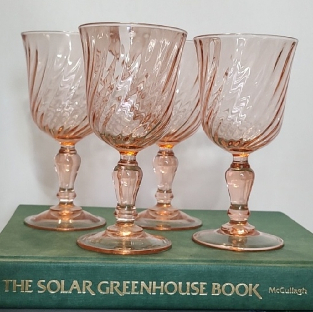 Vintage Arcoroc Rosaline Pink Swirl Wine Water Stem Glasses